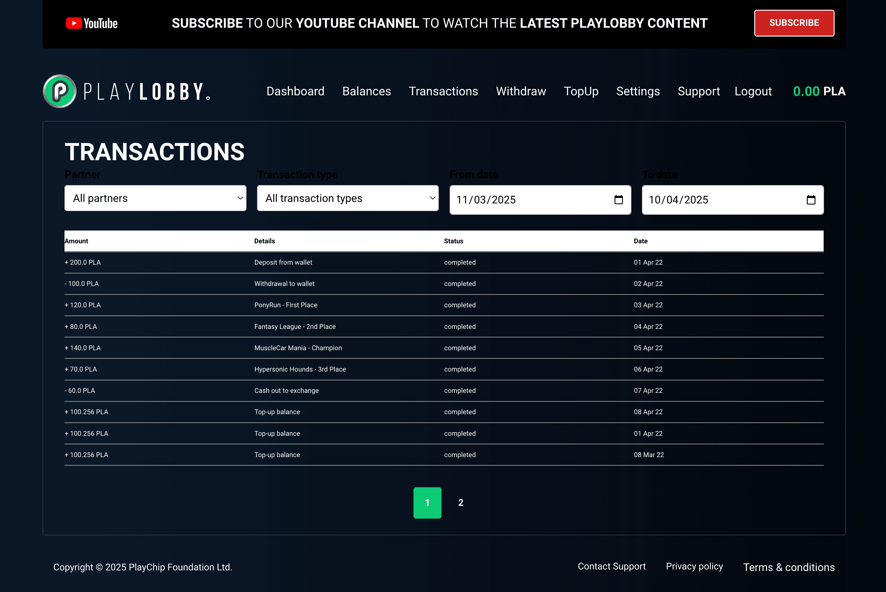 PlayLobby Transaction History